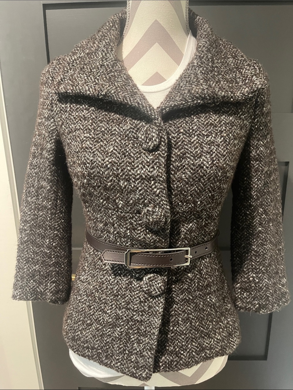 MNG Wool Brown Tweed Belted Jacket Size 4